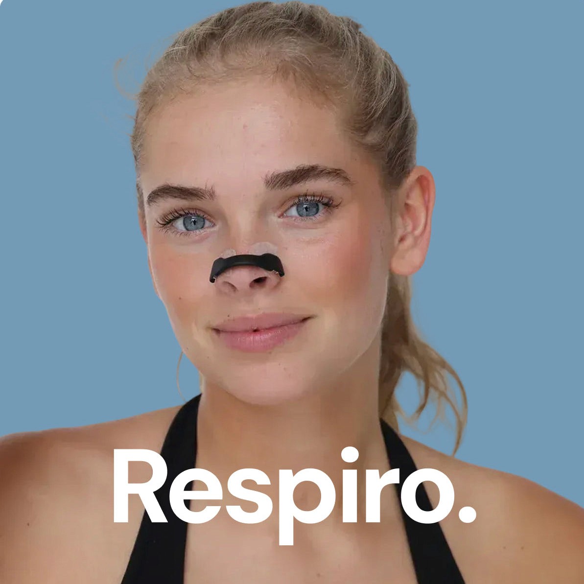 Woman wearing a black nose mask with 'Respiro' branding on a blue background