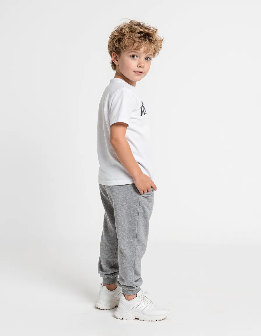 Young child in white t-shirt and gray joggers against clean white background, perfect for minimalist children's fashion photography