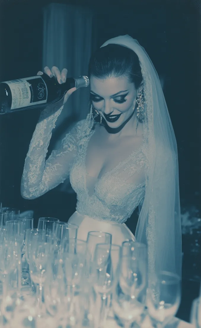 Bride in a lace dress pouring champagne into glasses, celebrating in a vintage-inspired atmosphere.