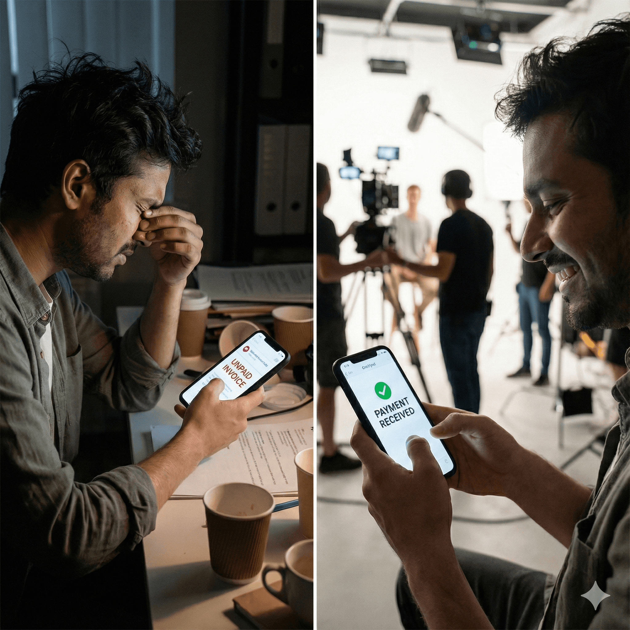 An image split in two: on one side a stressed young editor checking an unpaid invoice on their phone, on the other side the same creator smiling at a “Payment received” notification with a film set blurred in the background.