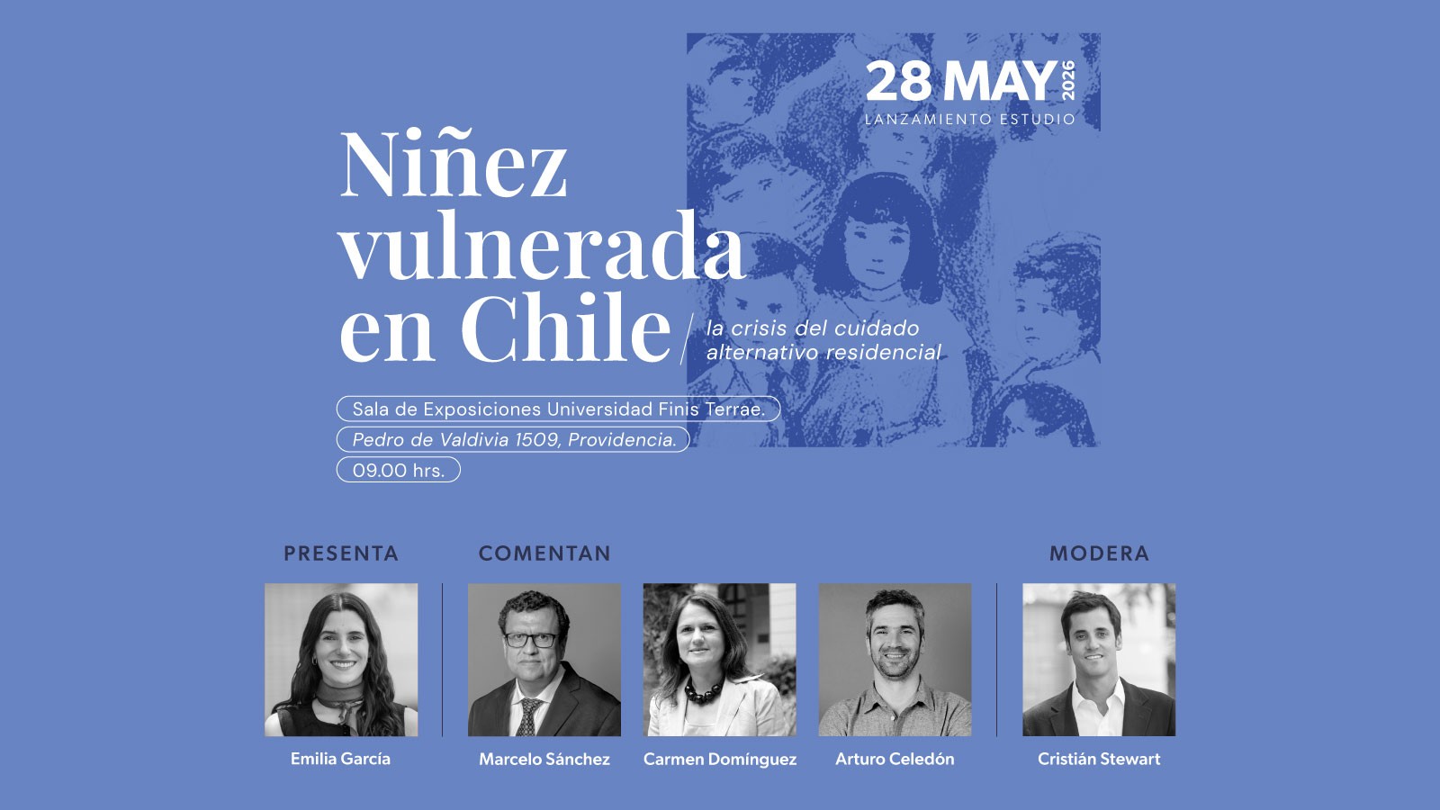 Afiche de inscripciones abiertas para el Lanzamiento del estudio "Niñez vulnerada en Chile: la crisis del cuidado alternativo residencial" de IdeaPaís.