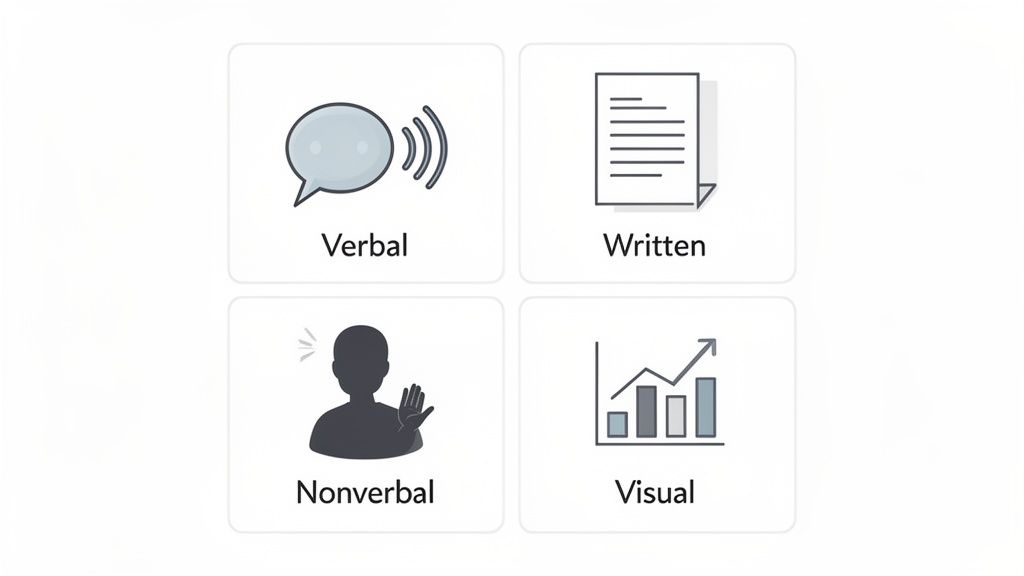 Four distinct icons illustrating verbal, written, nonverbal, and visual communication types.