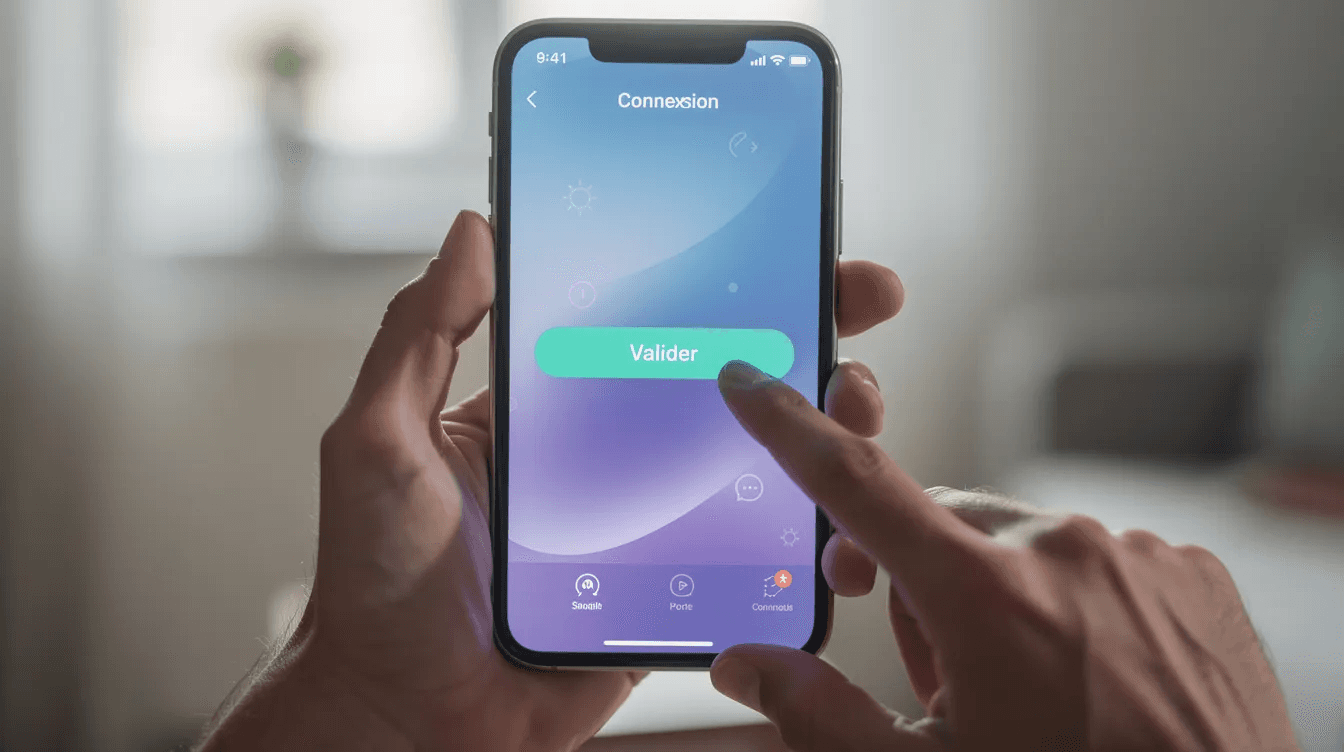 Une main appuie sur un bouton coloré sur l'écran d'un smartphone, illustrant une action de clic qui pourrait être liée à une stratégie de marketing pour une landing page efficace. Ce geste symbolise l'interaction d'un utilisateur avec un site web, visant à générer des leads ou à inciter à une inscription.