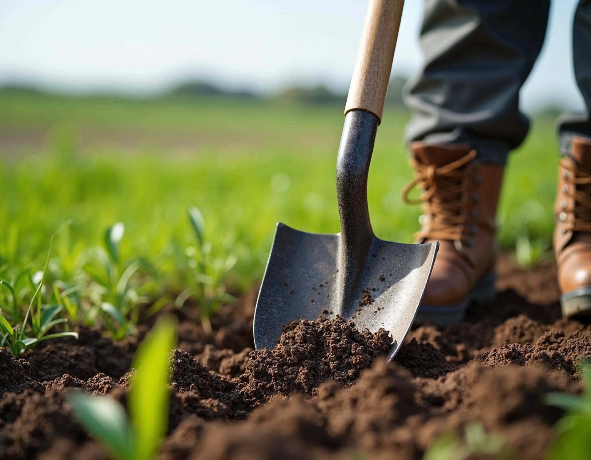 Gros plan d'une botte de travail poussant une pelle en métal dans un sol brun foncé, avec de la terre meuble et de la verdure éclatante en arrière-plan.