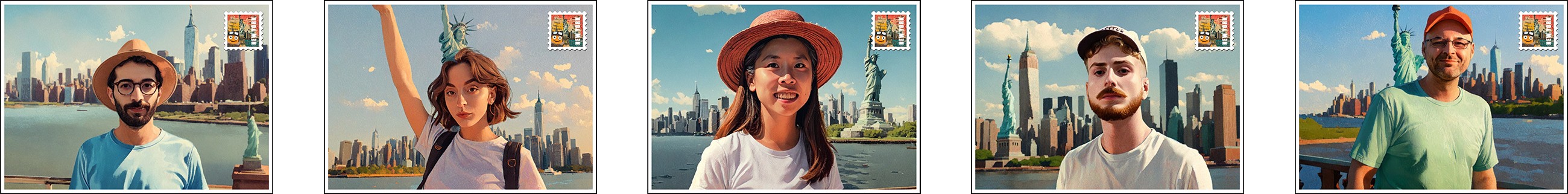 Cinque immagini ognuna rappresentante una persona diversa davanti alla statua della libertà