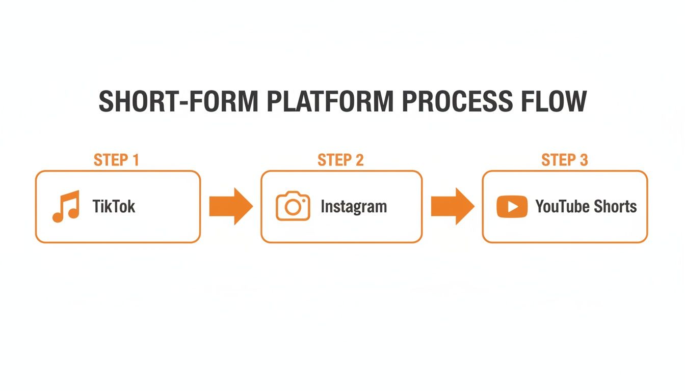 Flowchart illustrating the three-step short-form platform process: TikTok, Instagram, then YouTube Shorts.