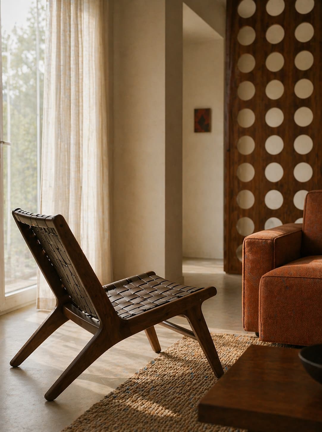 A cozy, minimalist living room featuring a woven wooden chair on a textured area rug, a rust-colored sofa, and large windows draped with sheer curtains that allow natural light to illuminate the space.