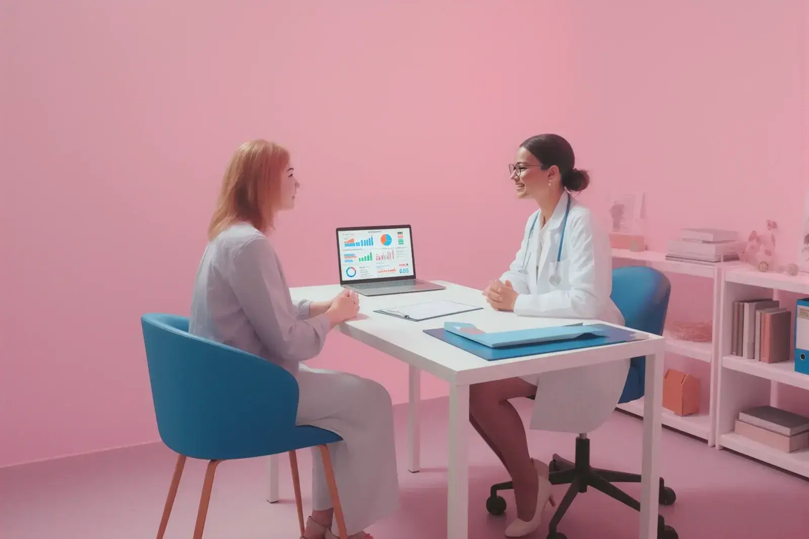 Two healthcare professionals discussing value based care training at a desk with a laptop, representing Synapti Health’s Fundamentals of Value Based Care course for clinical teams