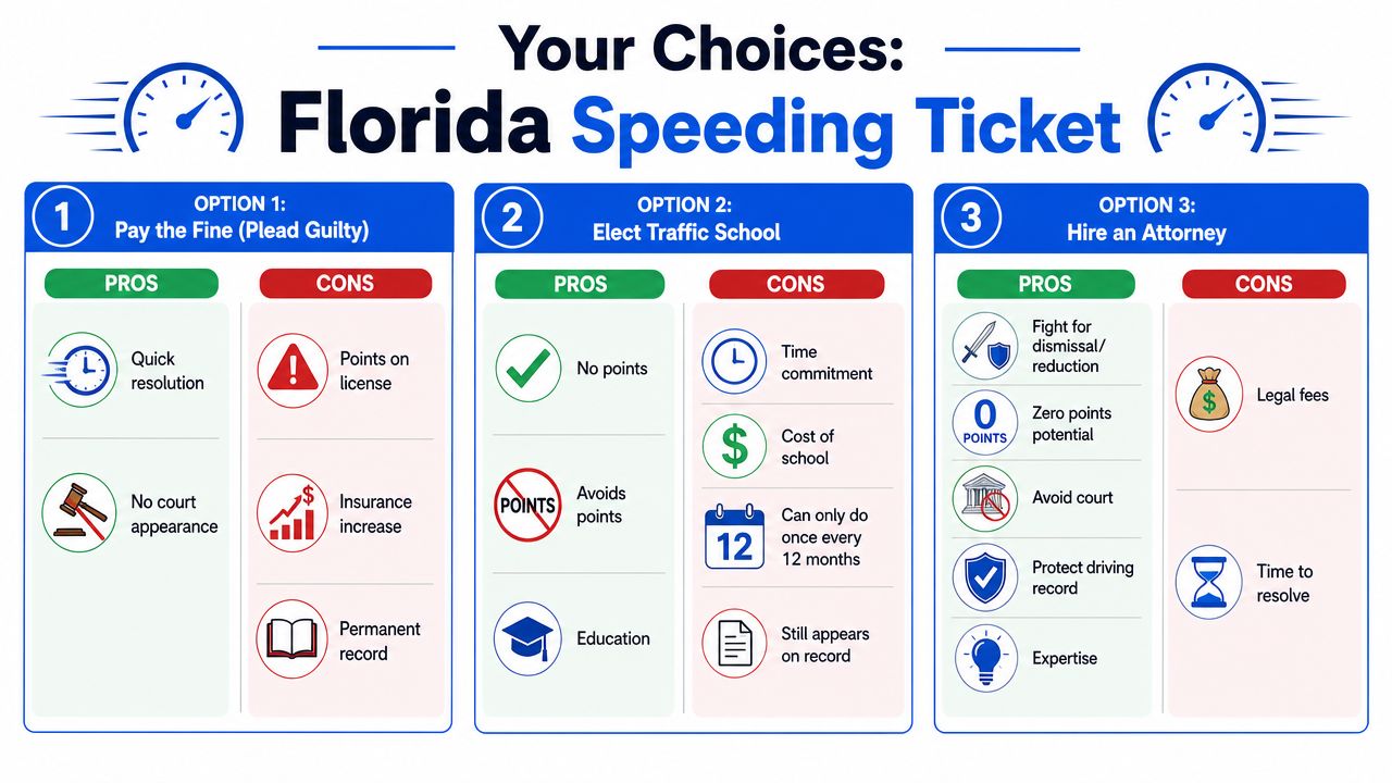 An infographic comparing three options for handling a Florida speeding ticket: paying, traffic school, or legal counsel.
