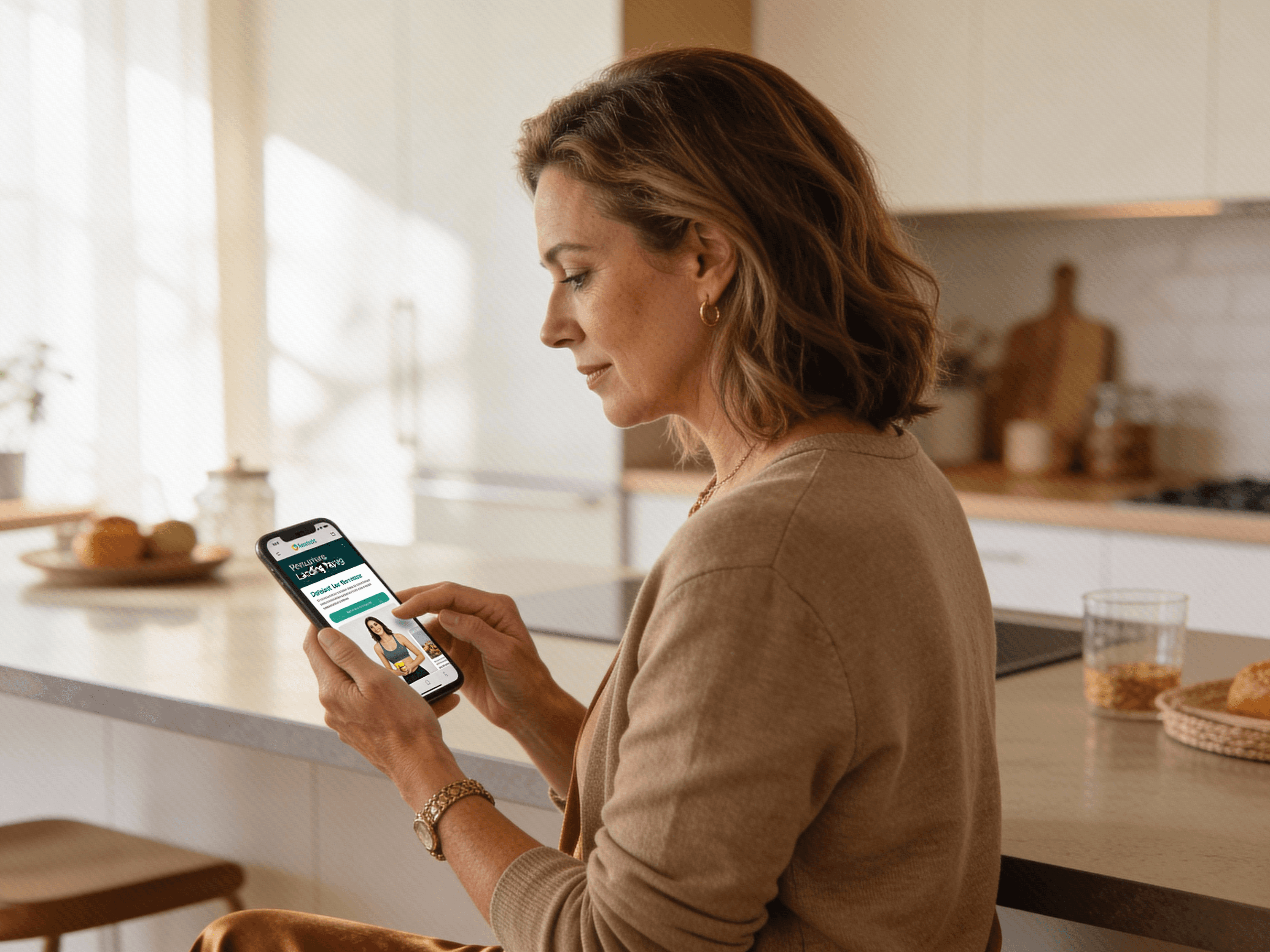 A woman wearing a purple sweater holds a green smartphone and smiles warmly under a clear blue sky, conveying happiness and connectivity.