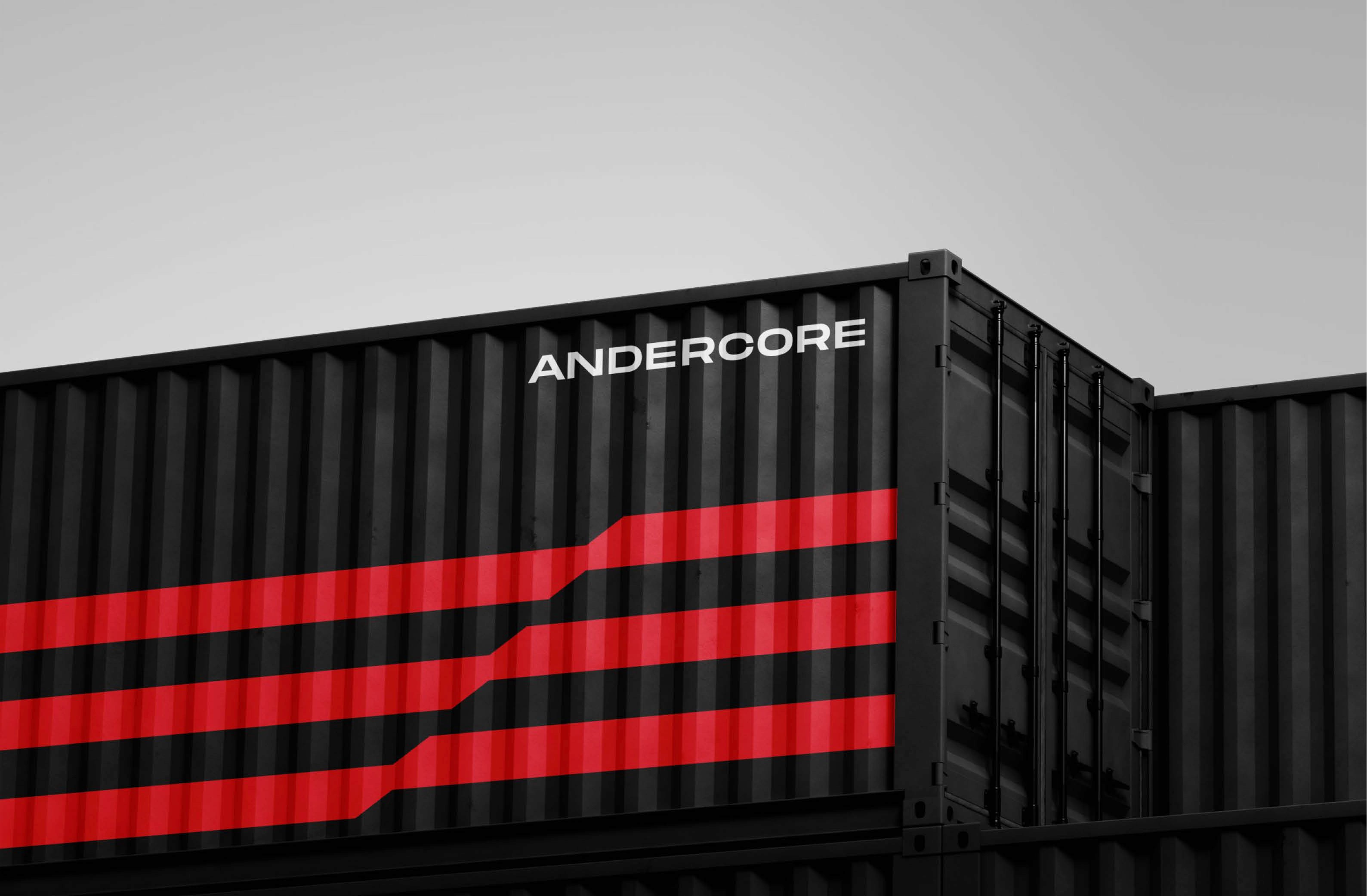 Stylized shipping container with "ANDERCORE" branding and red stripes for modern industrial aesthetics.