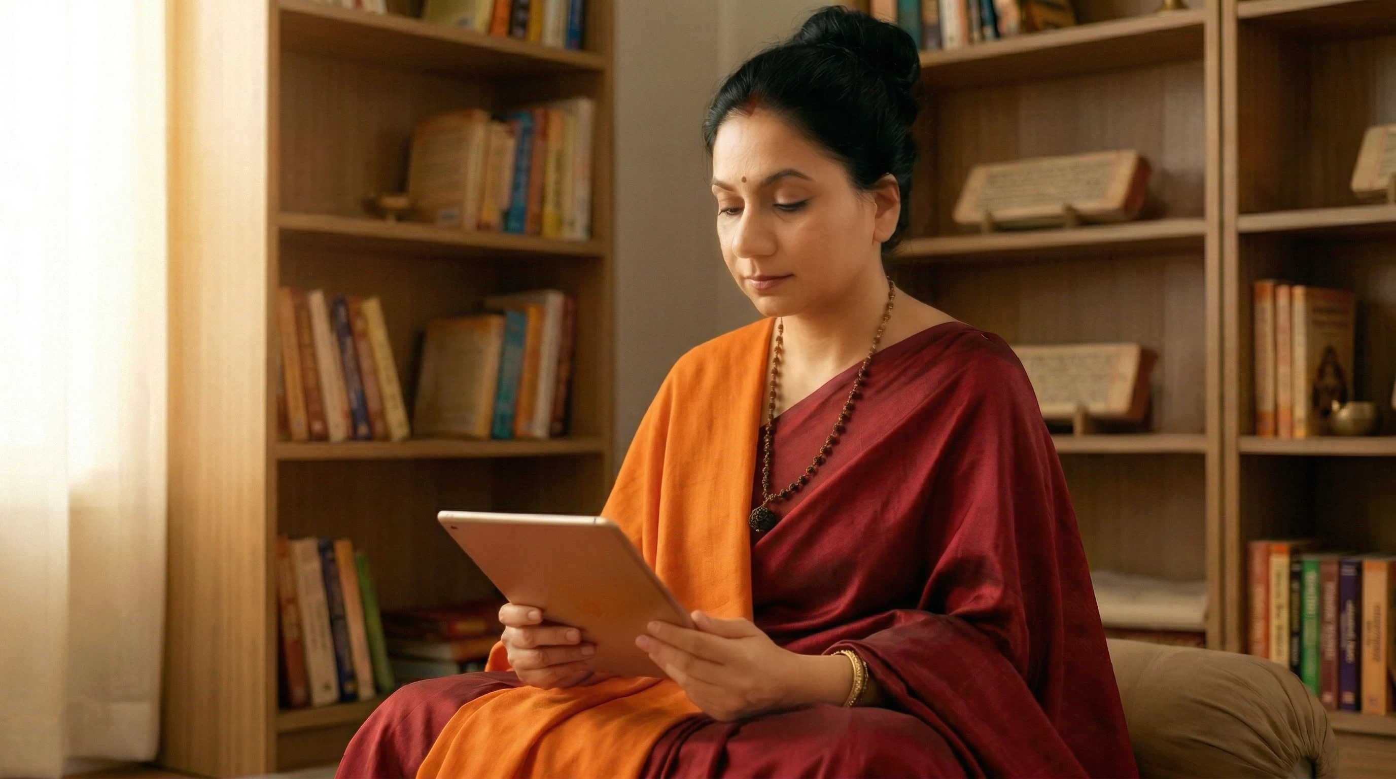 Indian female spiritual guru reading sacred  scripture with wisdom and care, reviewing a  seeker's spiritual calling for mantra diksha