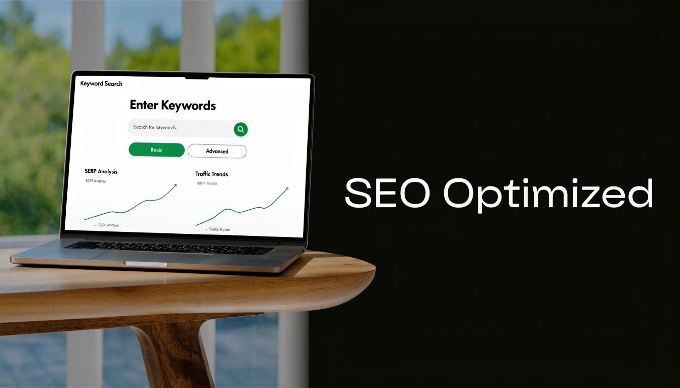 A modern laptop on a wooden table displaying an SEO keyword research interface for digital marketing.