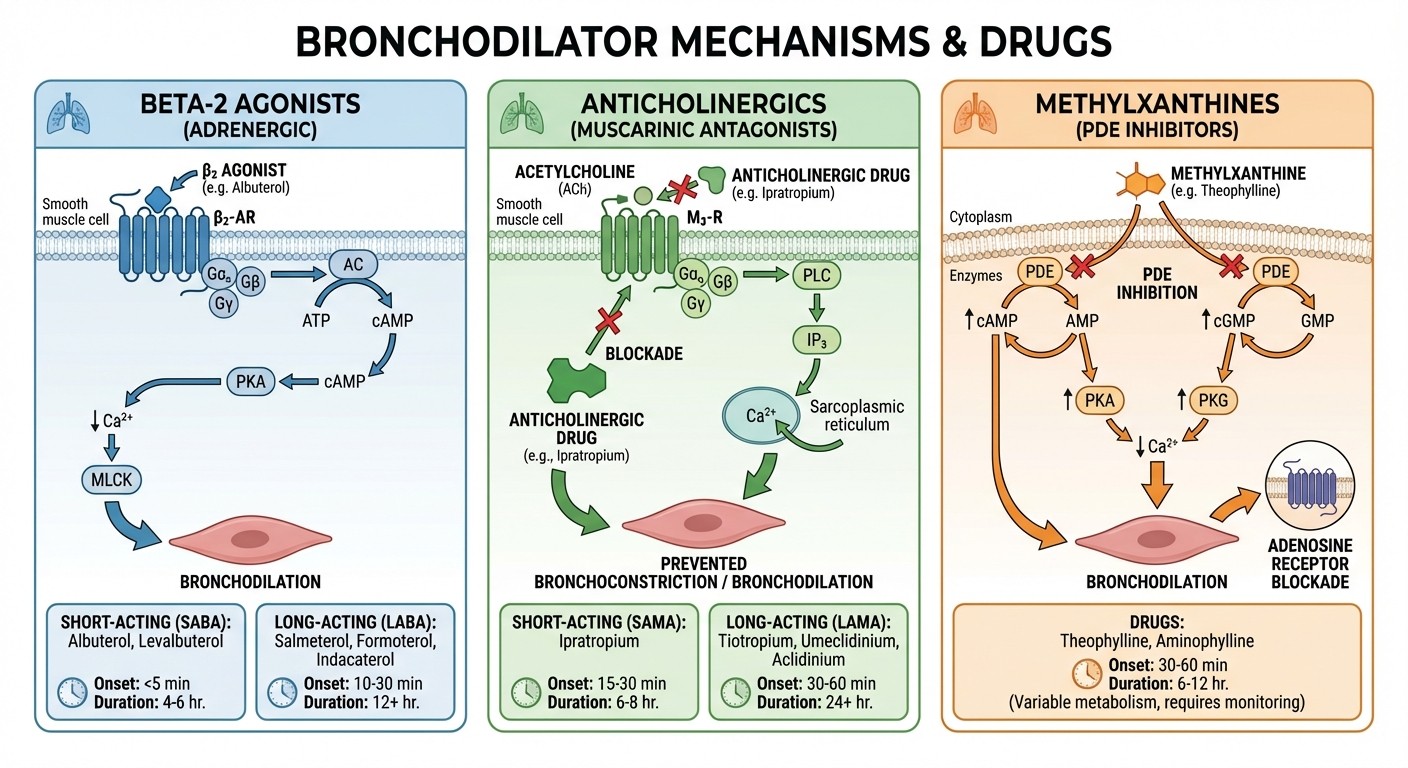 Bronchodilator mechanisms - beta-2 agonists, anticholinergics, and methylxanthines