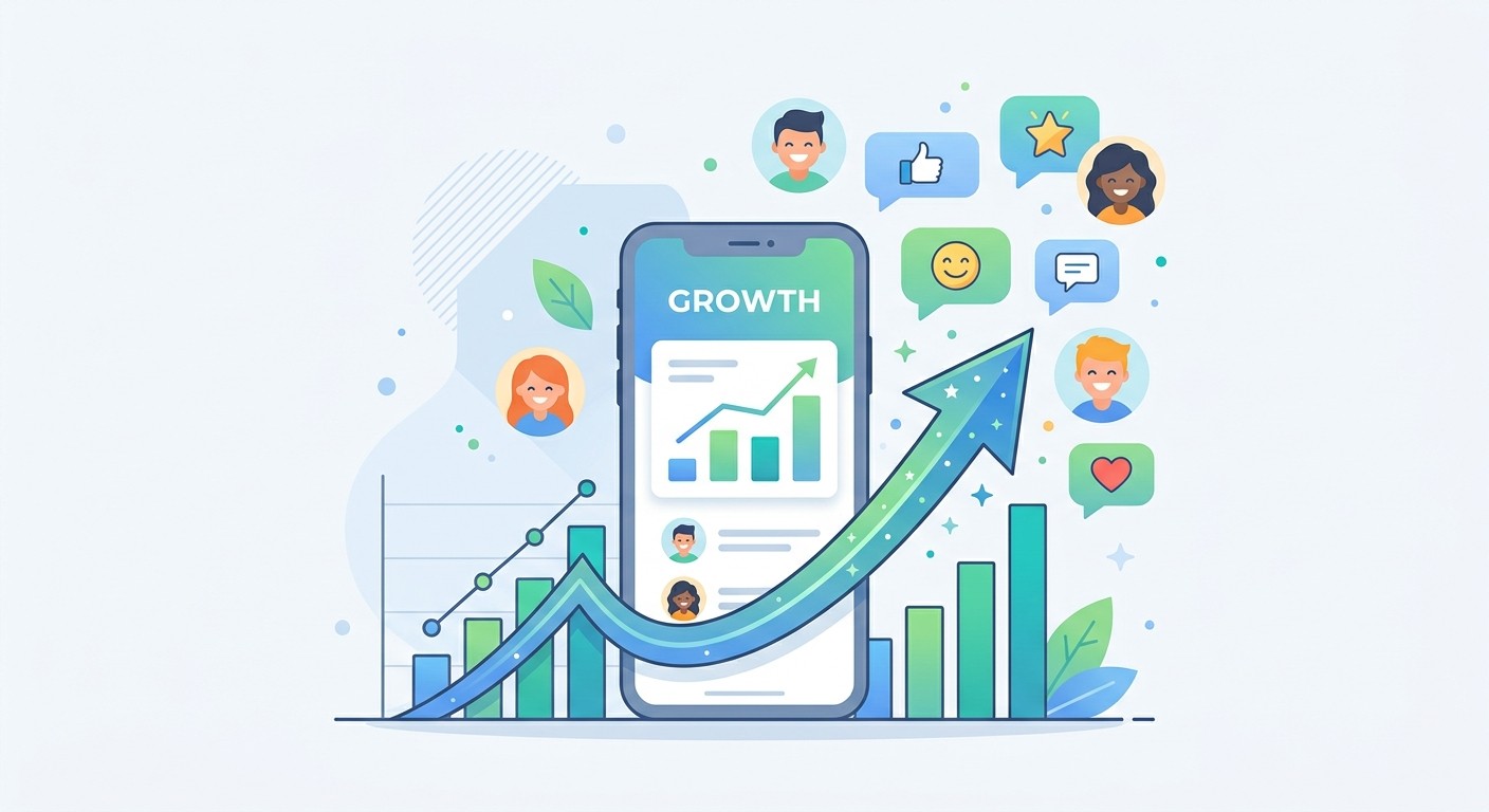 Illustration of an upward growth chart with happy app users and feedback bubbles around a smartphone, showing app growth after launch