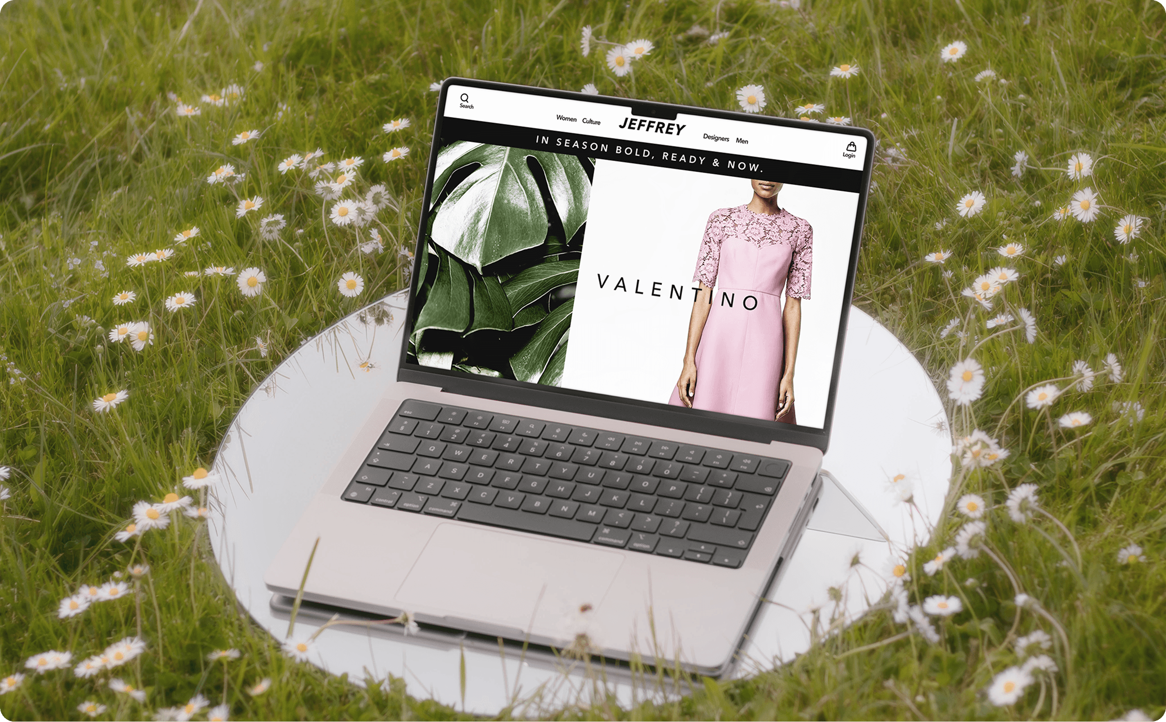 Fashion collage featuring 2017 collections from JW Anderson, Valentino, and Simone Rocha with tropical palm leaves