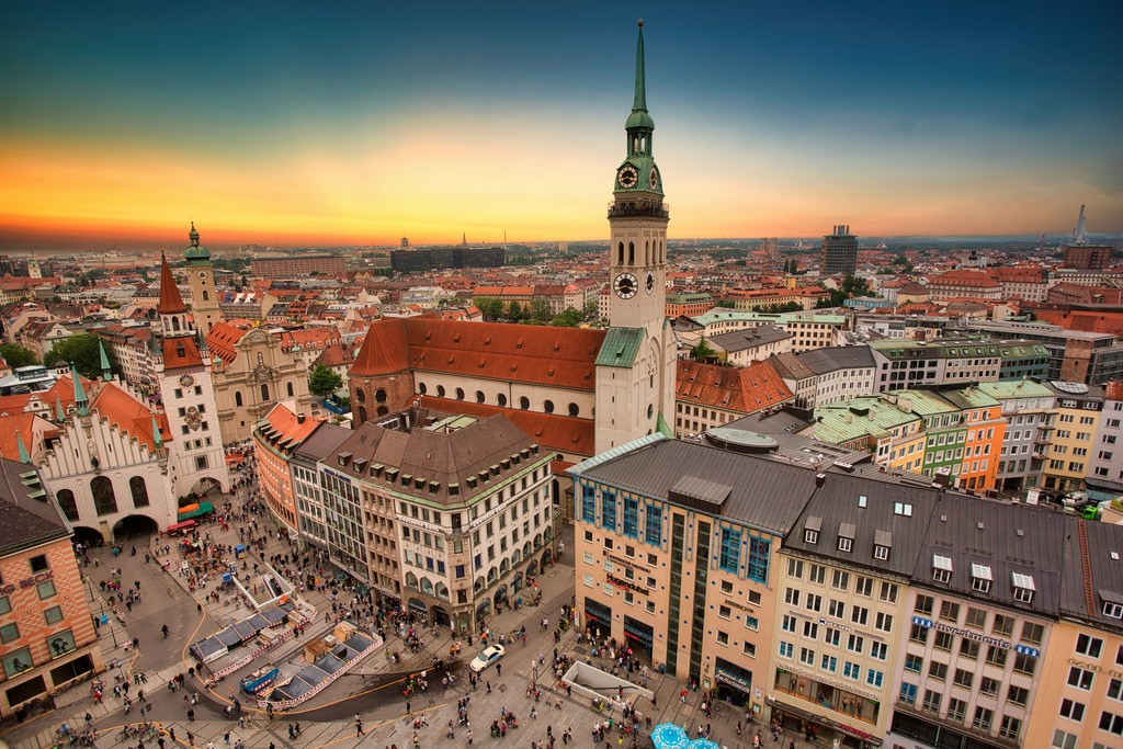 aerial view of city buildings during sunset
