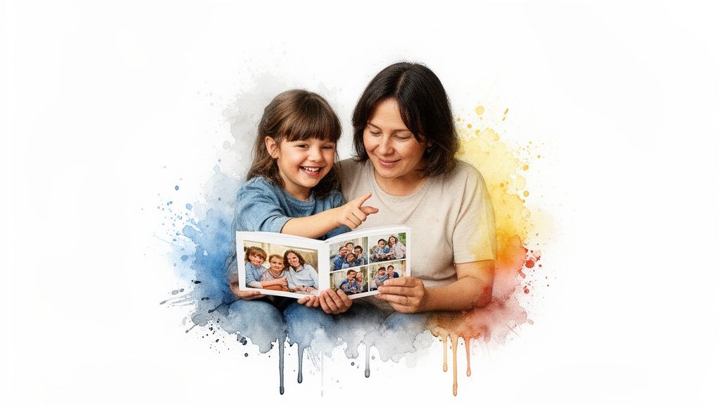 A happy woman and young girl looking at a photo album, surrounded by colorful watercolor splashes.