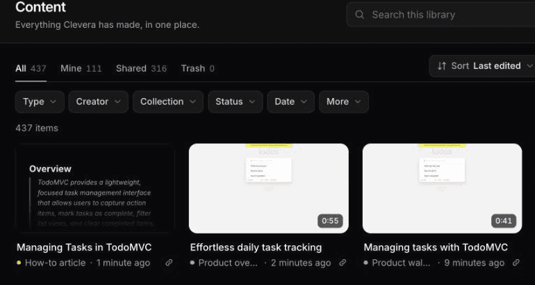Three items generated from one AI recording in the content library: a how-to article, a product overview and a product walkthrough