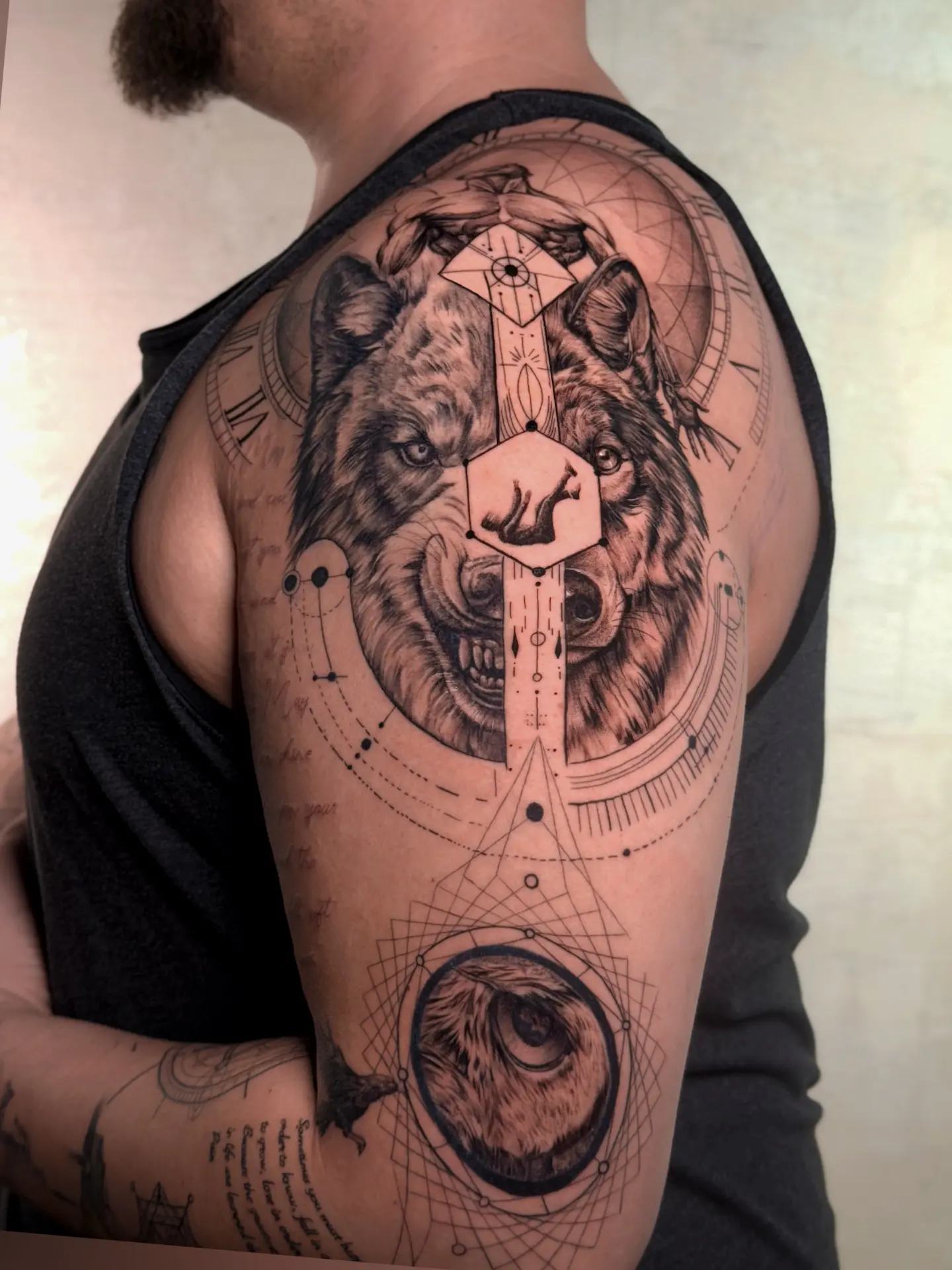 Detailed view of custom bespoke tattoo stencils featuring surreal geometric elements, stairs, and raven designs, prepared for a private micro-realism session.