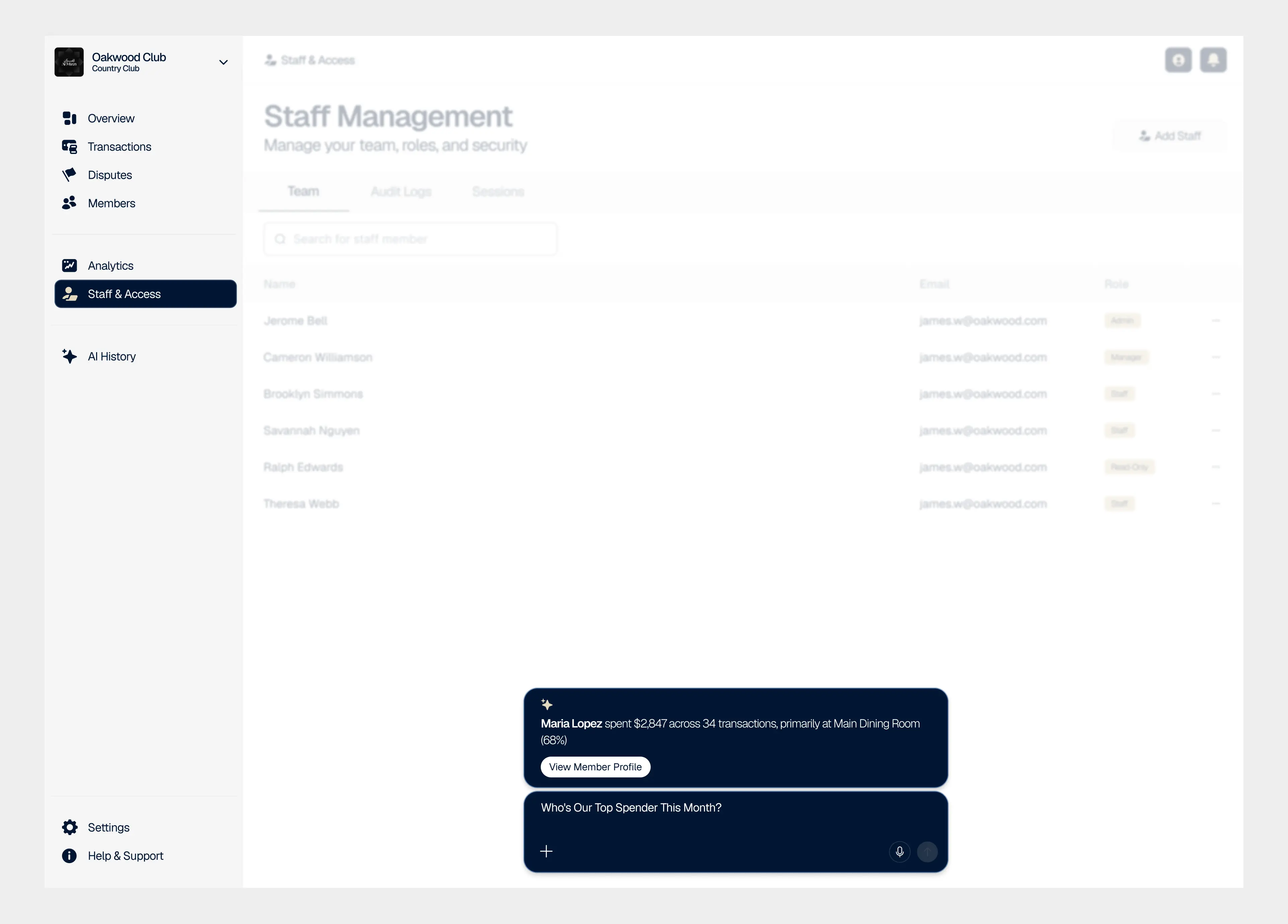 VRYFI NOW management portal AI-powered analytics showing revenue breakdown by venue area with actionable insights