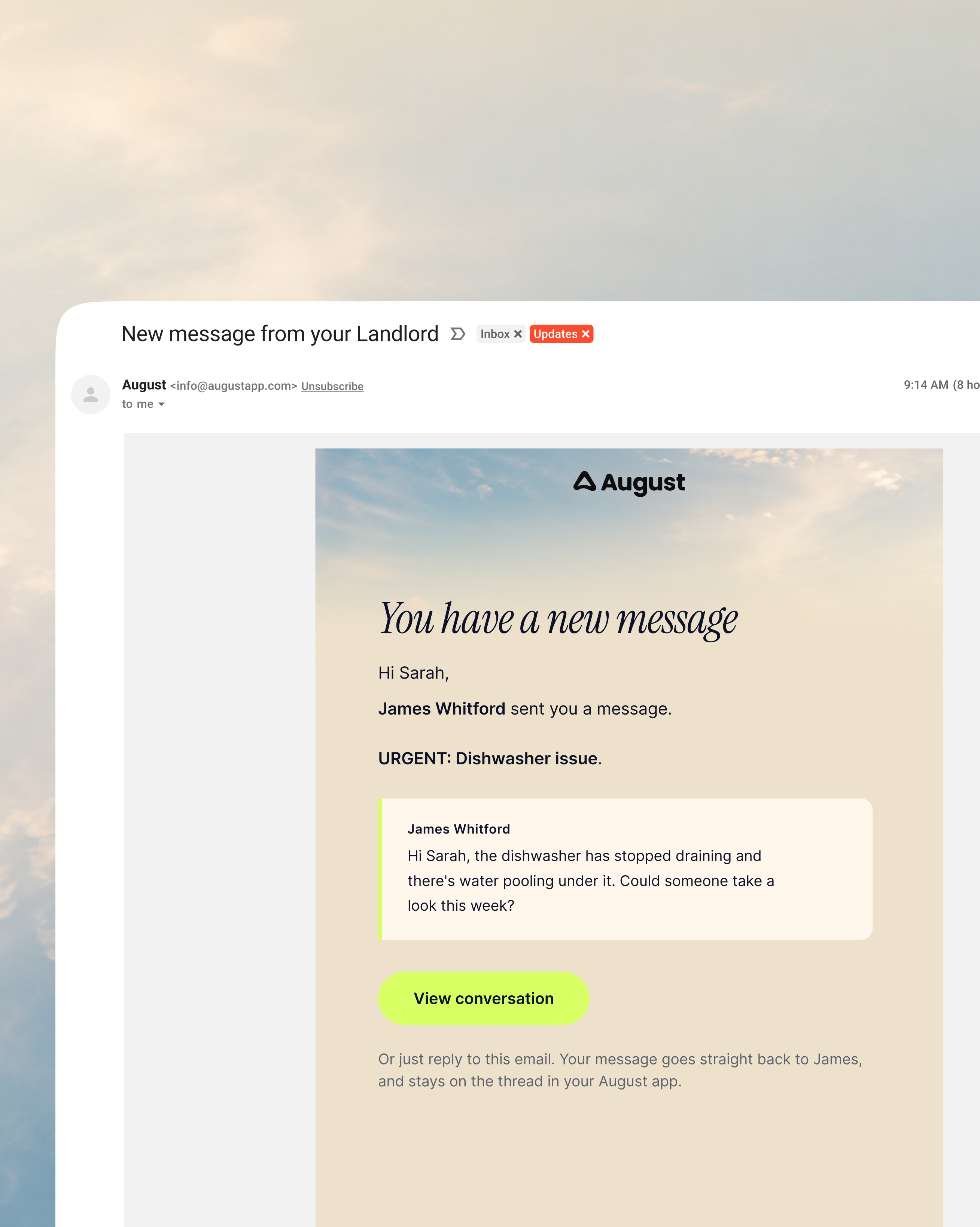 August message delivered to a tenant by email and SMS when they are not on the app