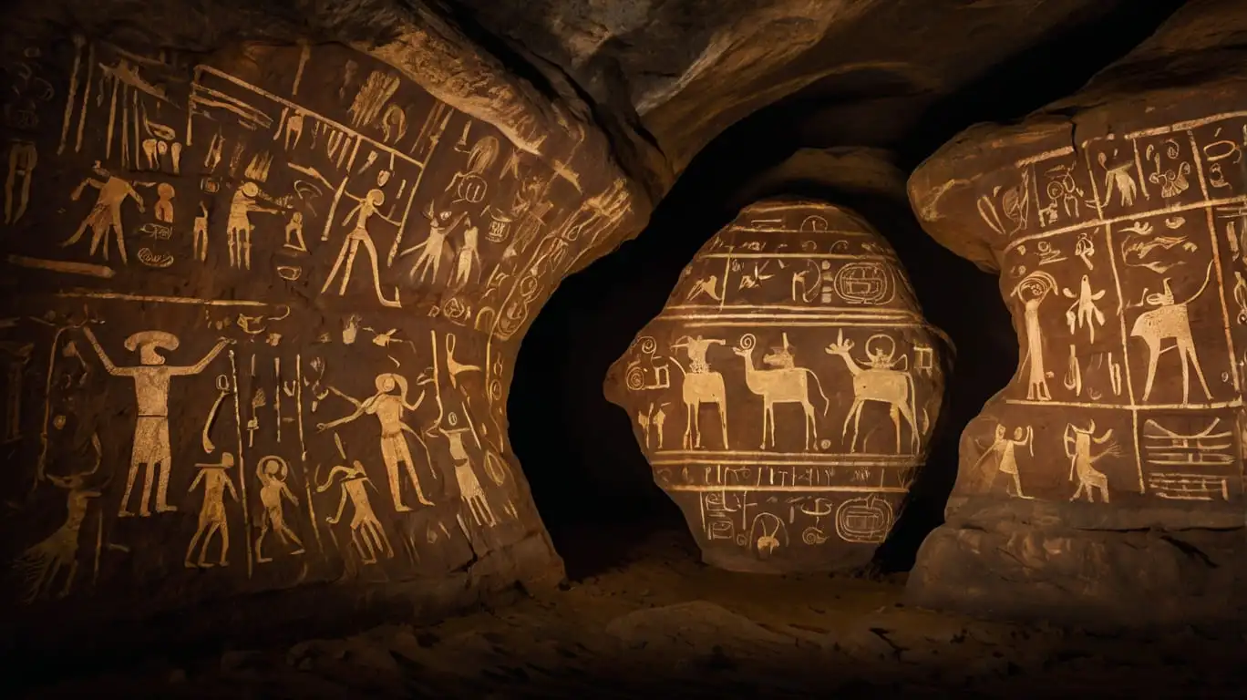 Ancient cave wall carvings depicting human figures, animals, and symbolic scenes illuminated inside a rock chamber.