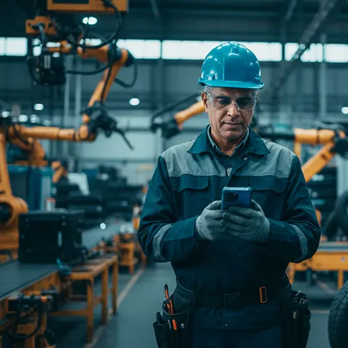 Factory technician checking information on a mobile device inside an automated assembly line with robotic arms.