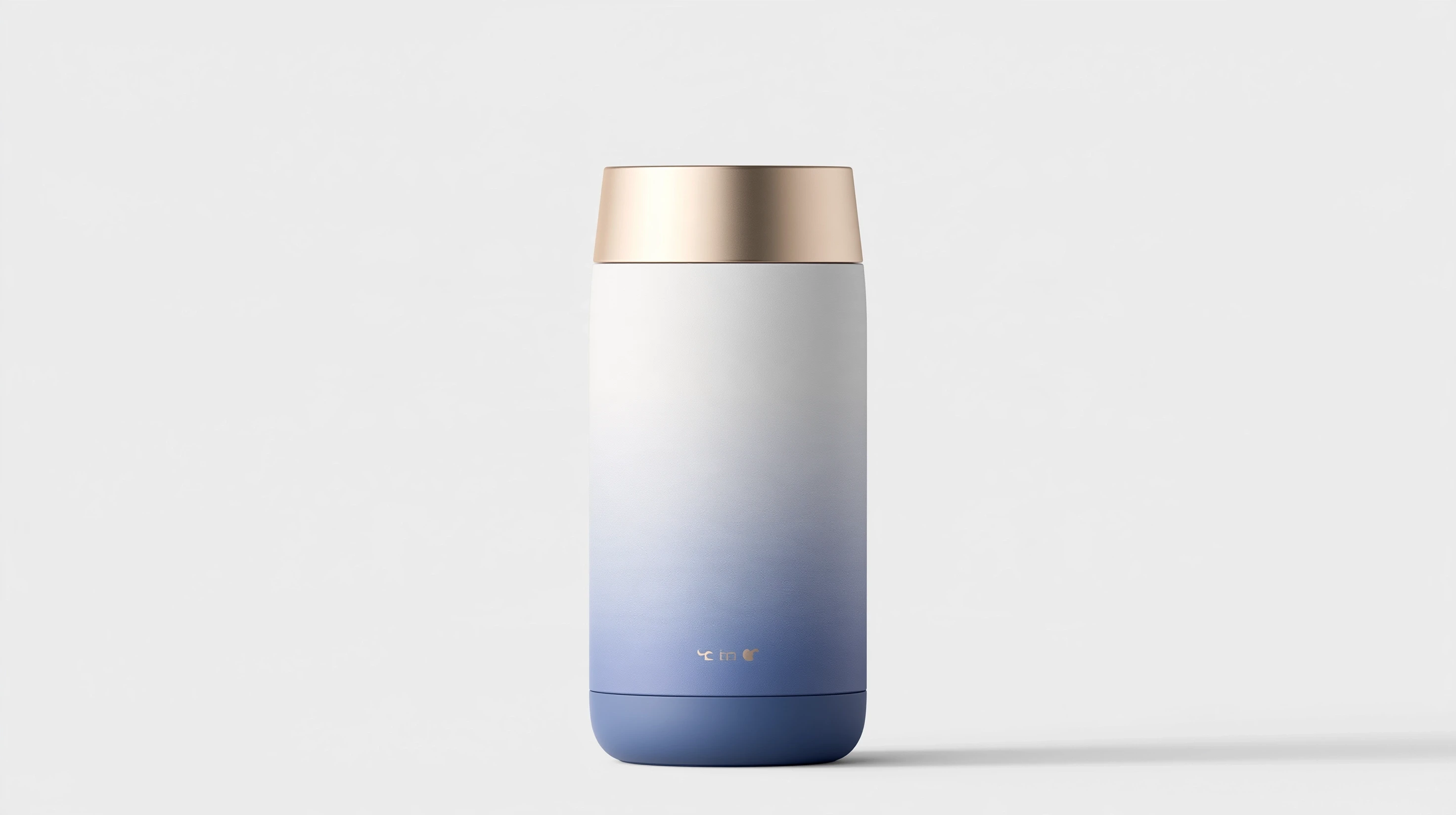 Upright white-to-blue gradient cylindrical container with a gold cap on a pale gray surface.