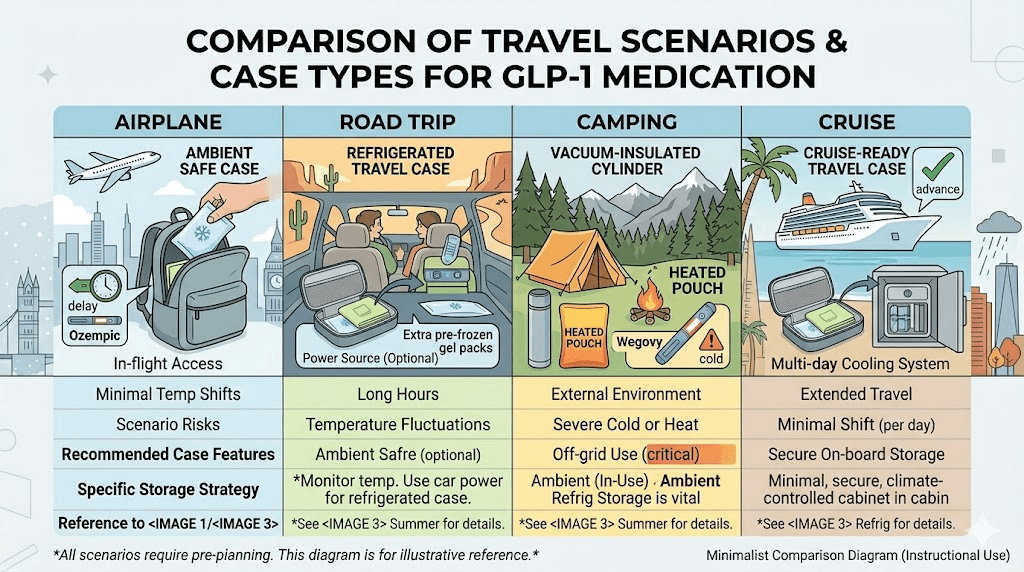GLP-1 travel case recommendations by travel scenario comparison
