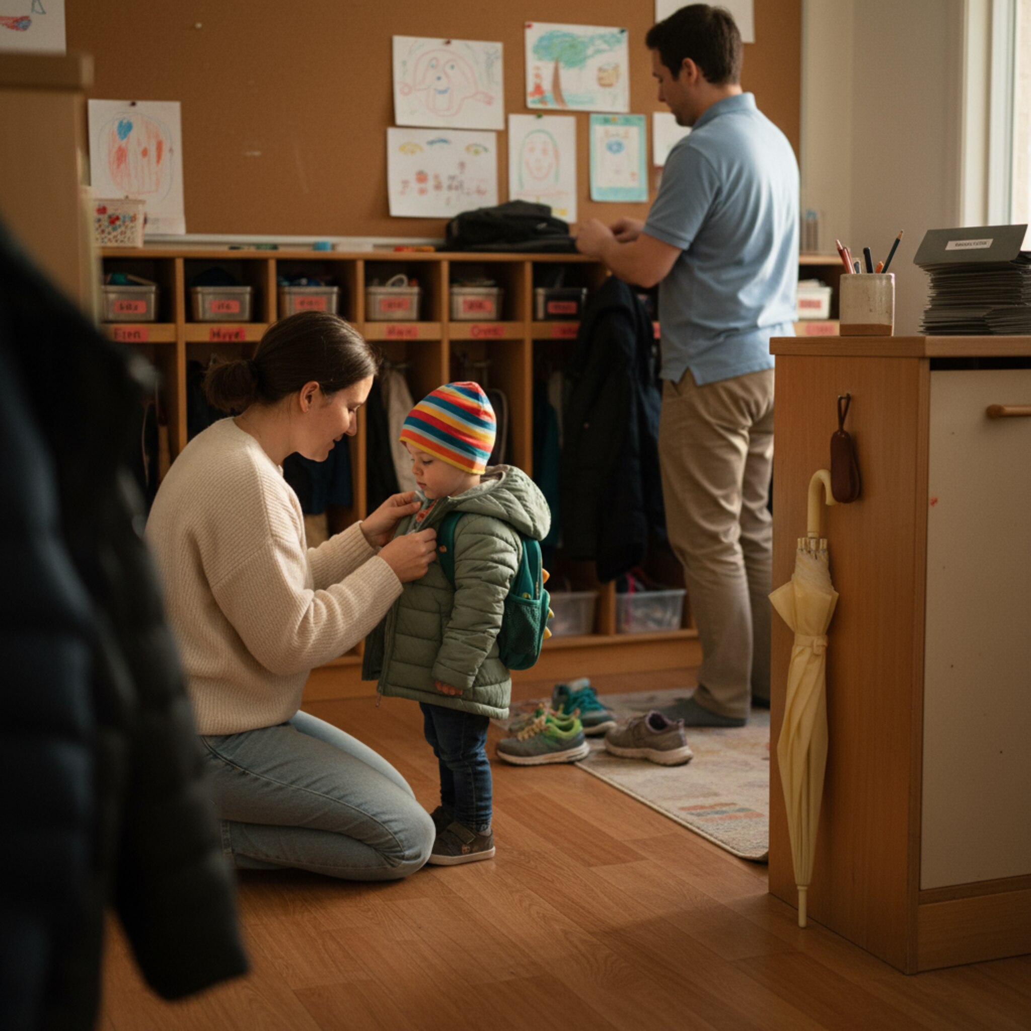 Eltern holen Kind an der Garderobe ab, Fächer mit Lunchboxen und diskretem Stapel von Rechnungsumschlägen am Tresen, natürlicher Kita-Alltag