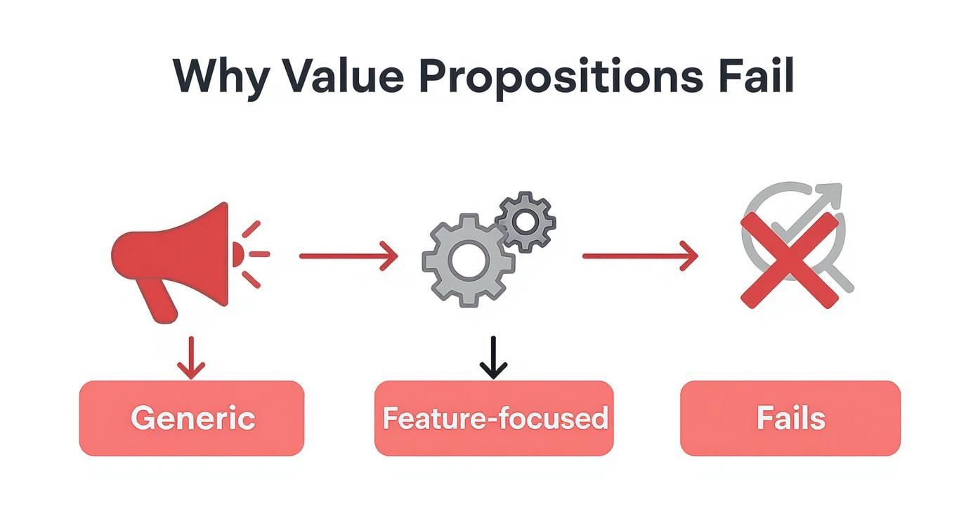 Infographic showing why value propositions fail due to being generic or feature-focused.
