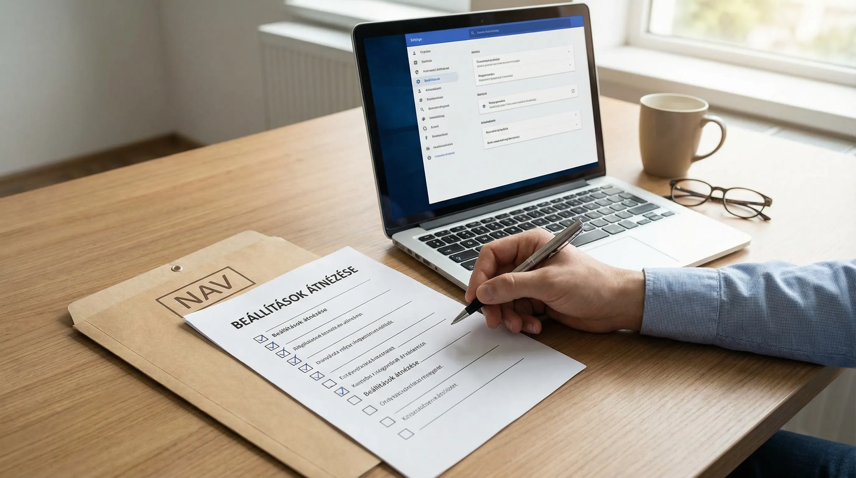 Ellenőrzőlista jellegű illusztráció: egy asztalon kinyomtatott checklist, mellette laptop és egy „NAV” feliratú mappa, hangsúly a beállítások átnézésén.