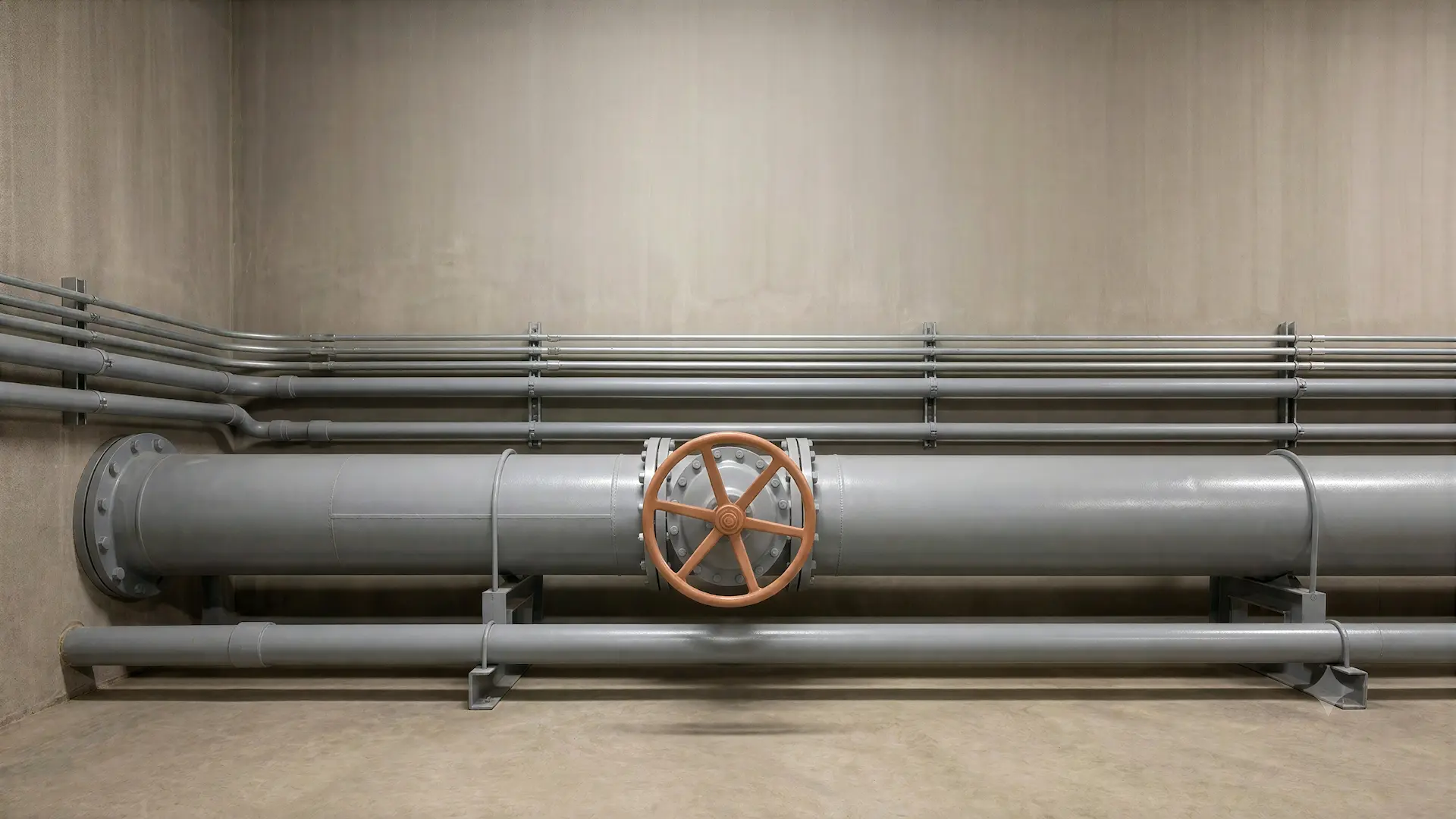 A clean utility vault with a large gray water main and a single orange valve wheel.