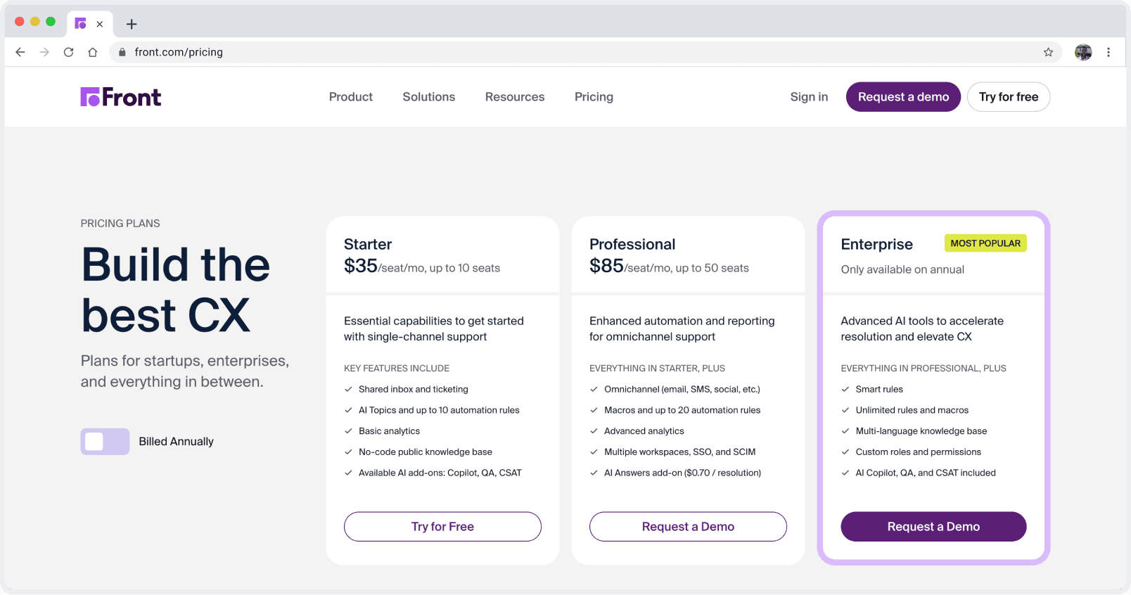 Front pricing plans showing Starter, Professional, and Enterprise tiers