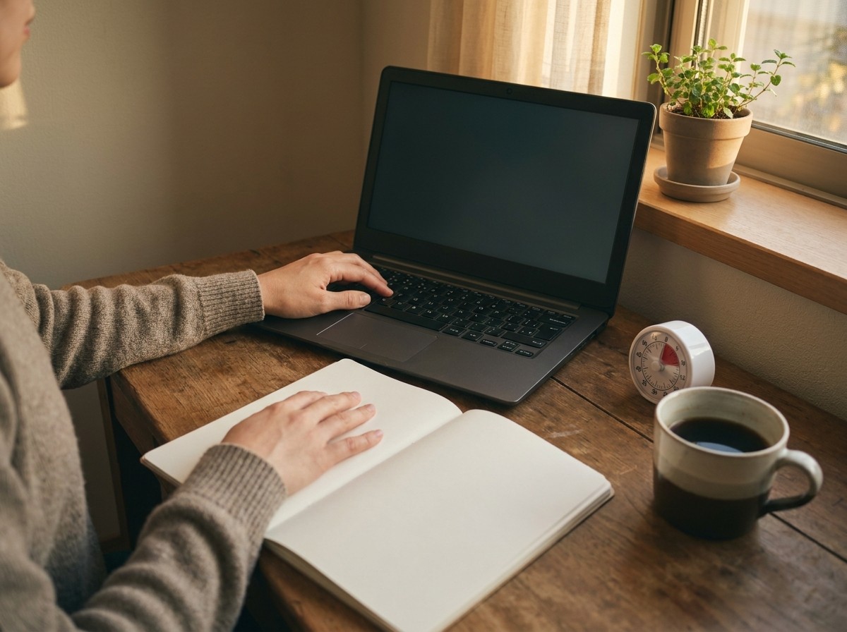 Kleinunternehmer arbeitet konzentriert an einem einfachen Schreibtisch mit Küchentimer und Laptop