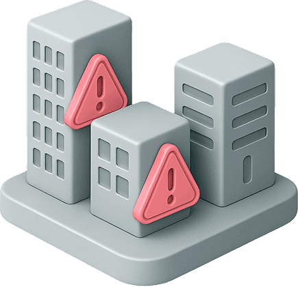 Three high-rise buildings with red warning triangles