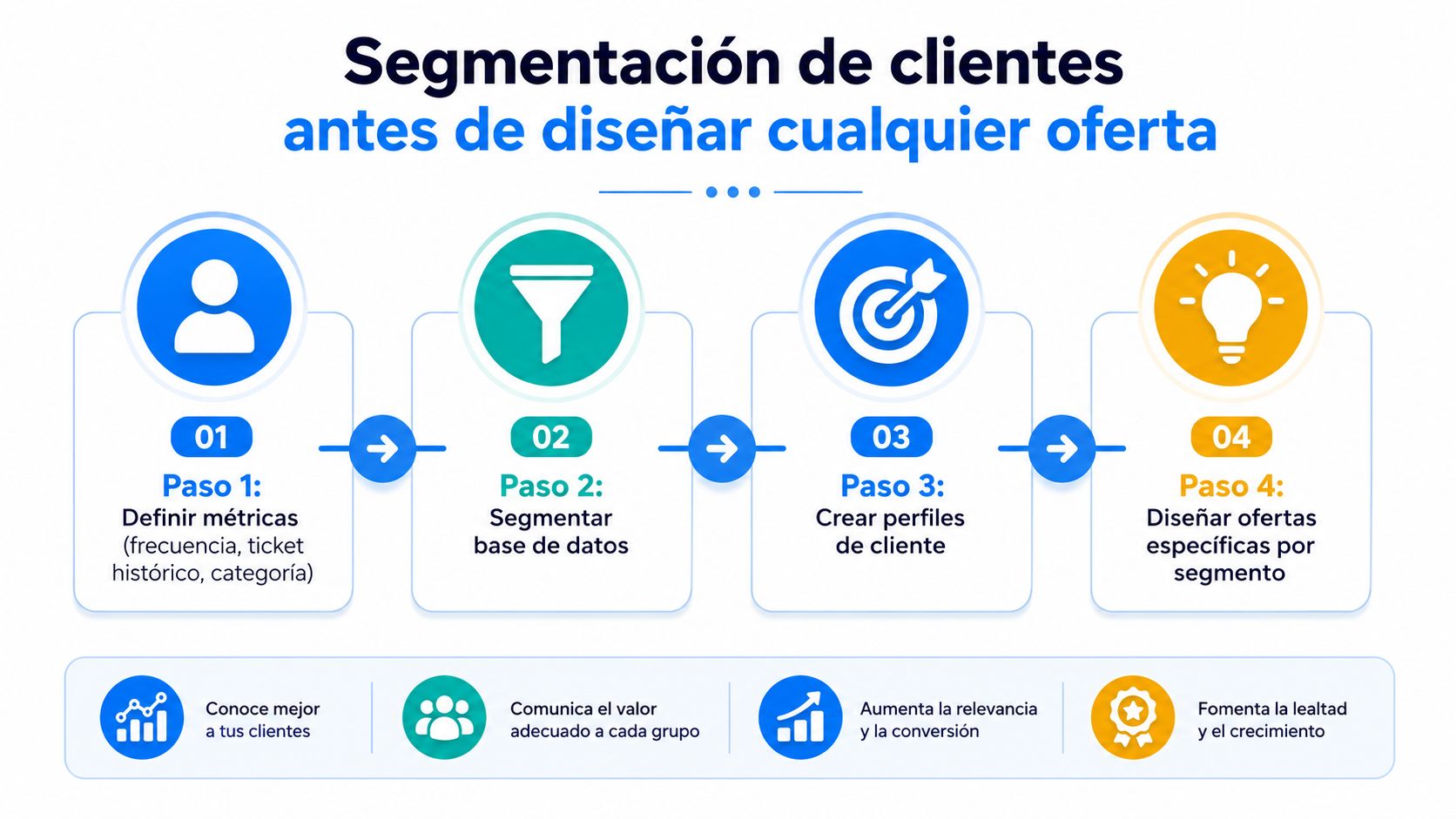 Infografía sobre segmentación de clientes en cuatro pasos clave para diseñar ofertas comerciales más efectivas.