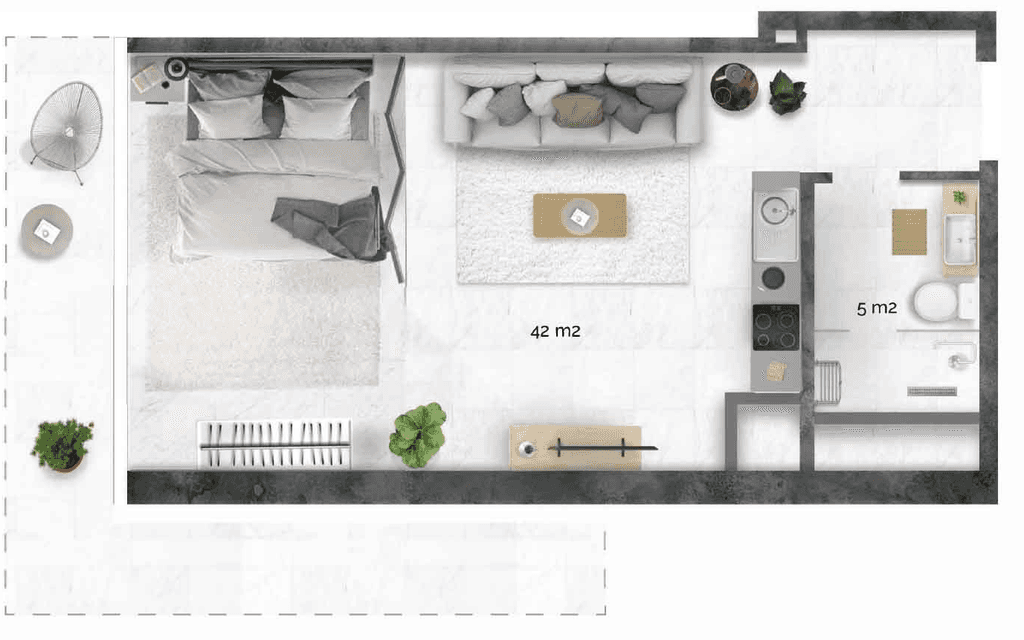 Floor plan of a studio apartment at Radiant Marina Towers, showcasing room layout and dimensions.