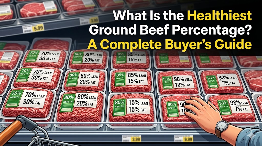 An illustration of a supermarket meat display showing a side-by-side nutrition comparison of ground beef packages, ranging from 70% lean/30% fat to 93% lean/7% fat, with a shopper's hand selecting a lean option.