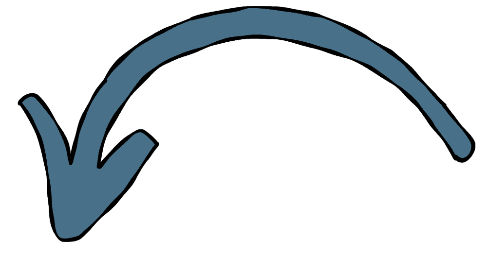 Blue hand-drawn arrow, curved down and to the left, indicating direction or pointing downward.