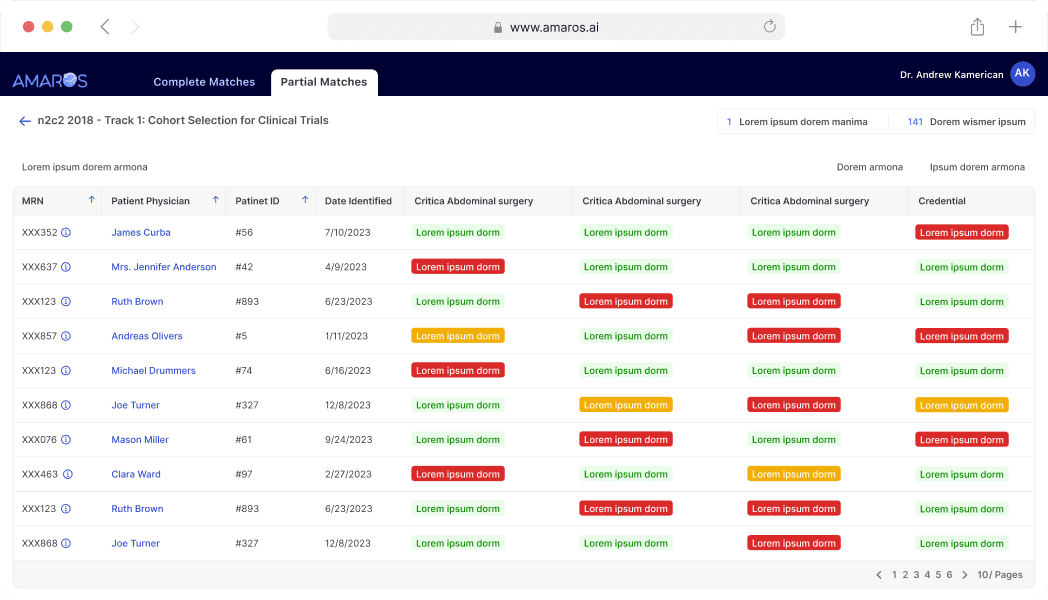 Desktop application showing Amaros clinical trials matching UI.