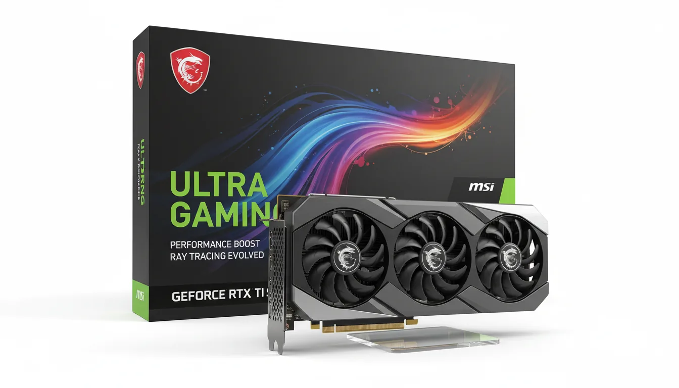 DSLR product photograph of an MSI GeForce RTX 4070 Ti SUPER graphics card positioned in front of its retail box, on a seamless white studio background. Soft studio lighting. The triple-fan GPU is in the foreground, angled to showcase its matte black and dark gray shroud with silver accents. In the background, the black product box features a red dragon shield logo, an abstract colorful light streak graphic, and prominent, bold placeholder text in neon green and white.