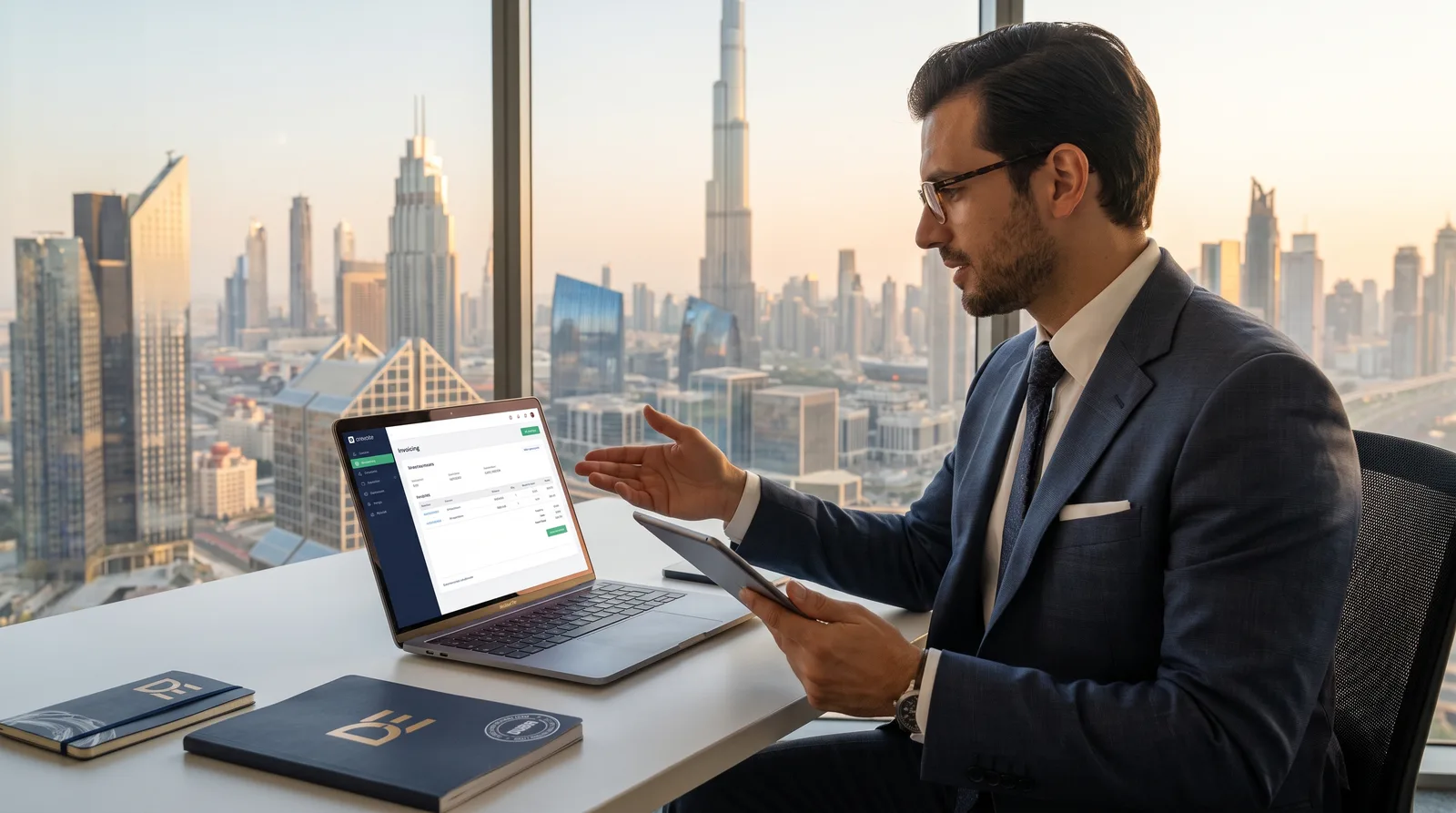 German founder planning a Dubai company setup at a modern desk with the skyline behind