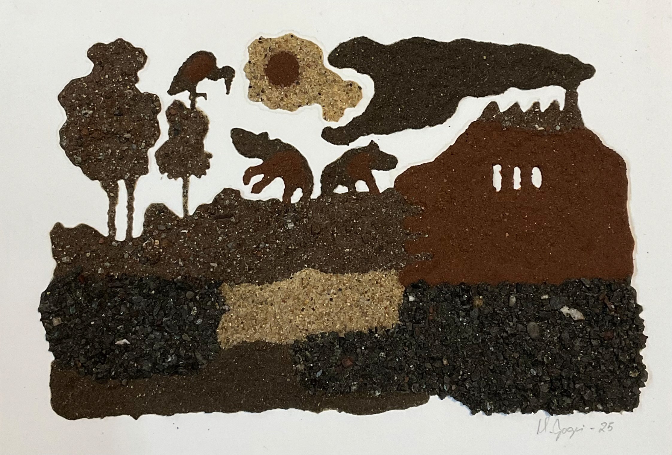 herd of sheep on road painting