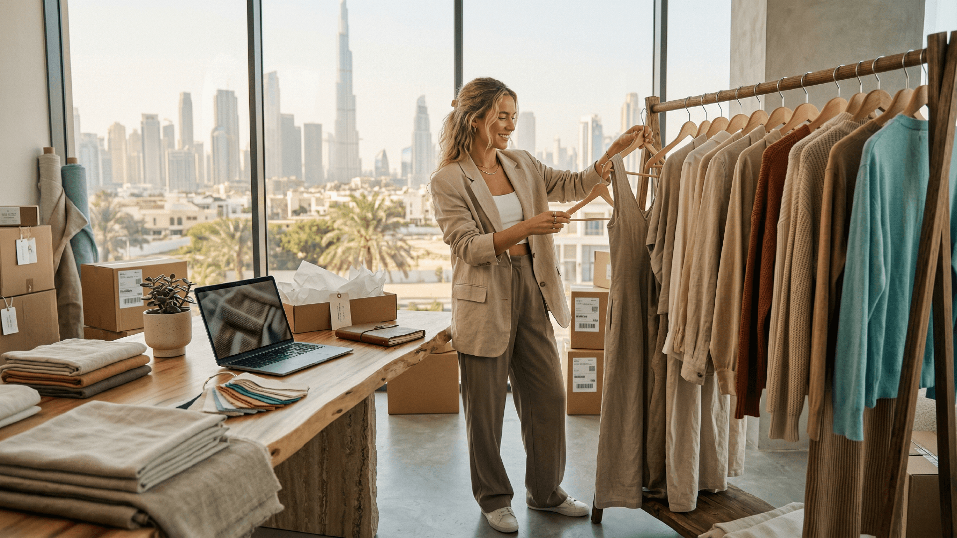 Garments and apparel wholesale trading warehouse with textile rolls and clothing stock in Dubai