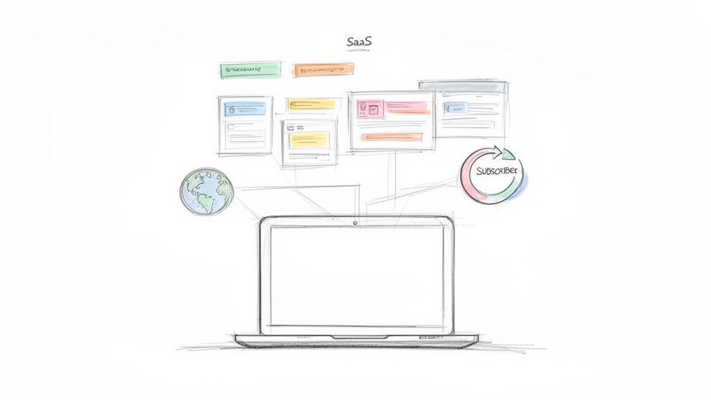 A hand-drawn diagram illustrating a laptop interacting with SaaS applications, a global network, and a subscriber flow.