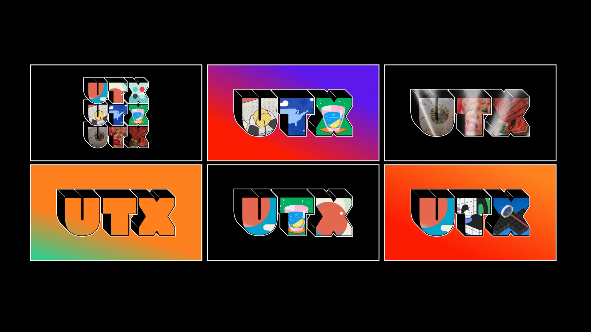 A grid of six colorful panels featuring various multimedia content and logos on a dark background.