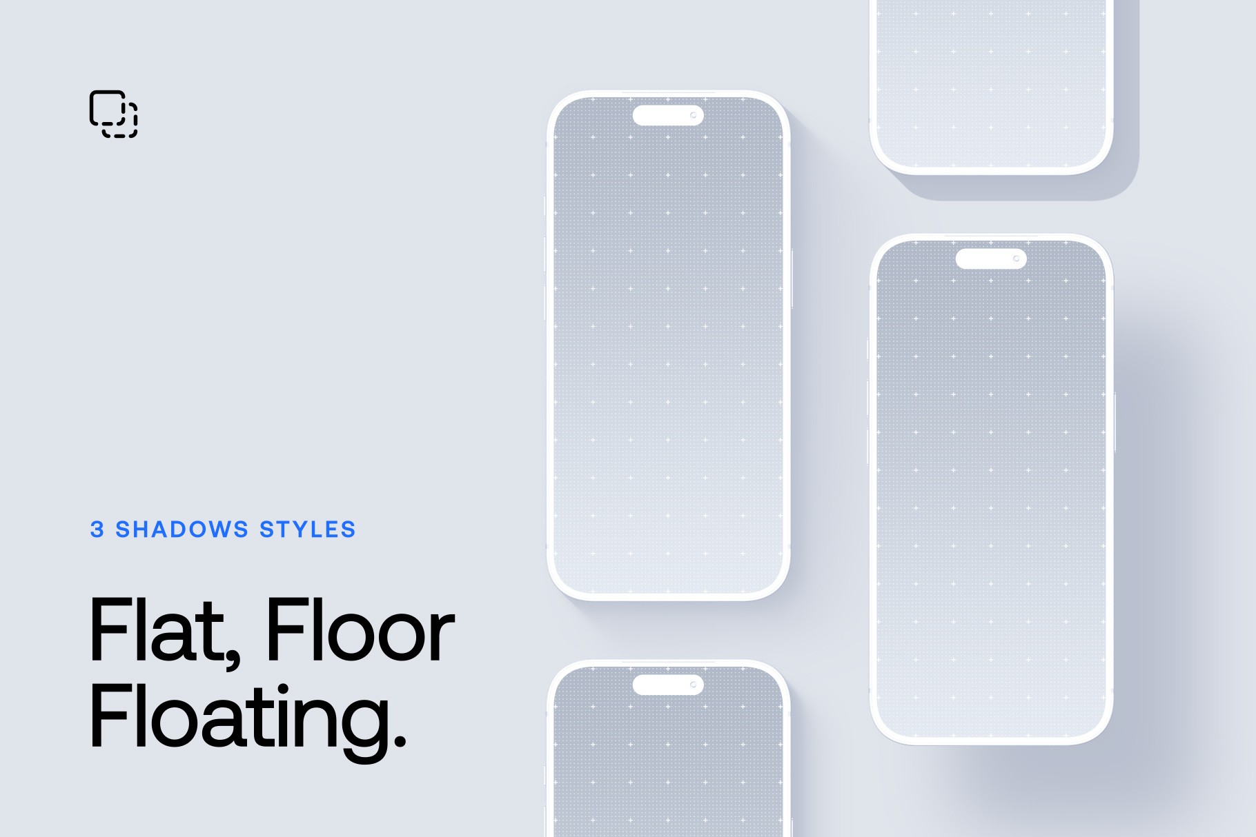 Top view of four iPhone 17 Pro clay mockups with soft shadows and floating presentation.