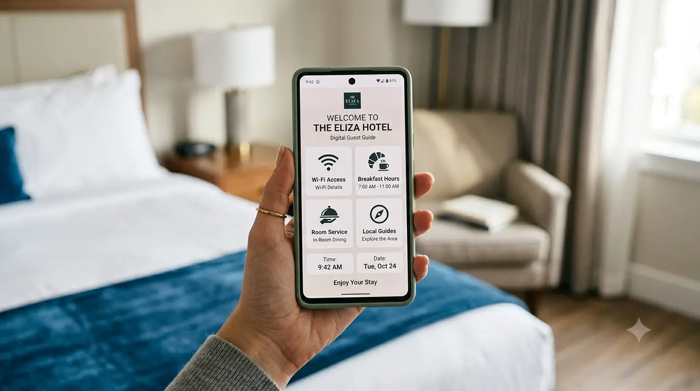Smartphone showing a hotel digital guidebook with Wi-Fi, breakfast, and local recommendation sections